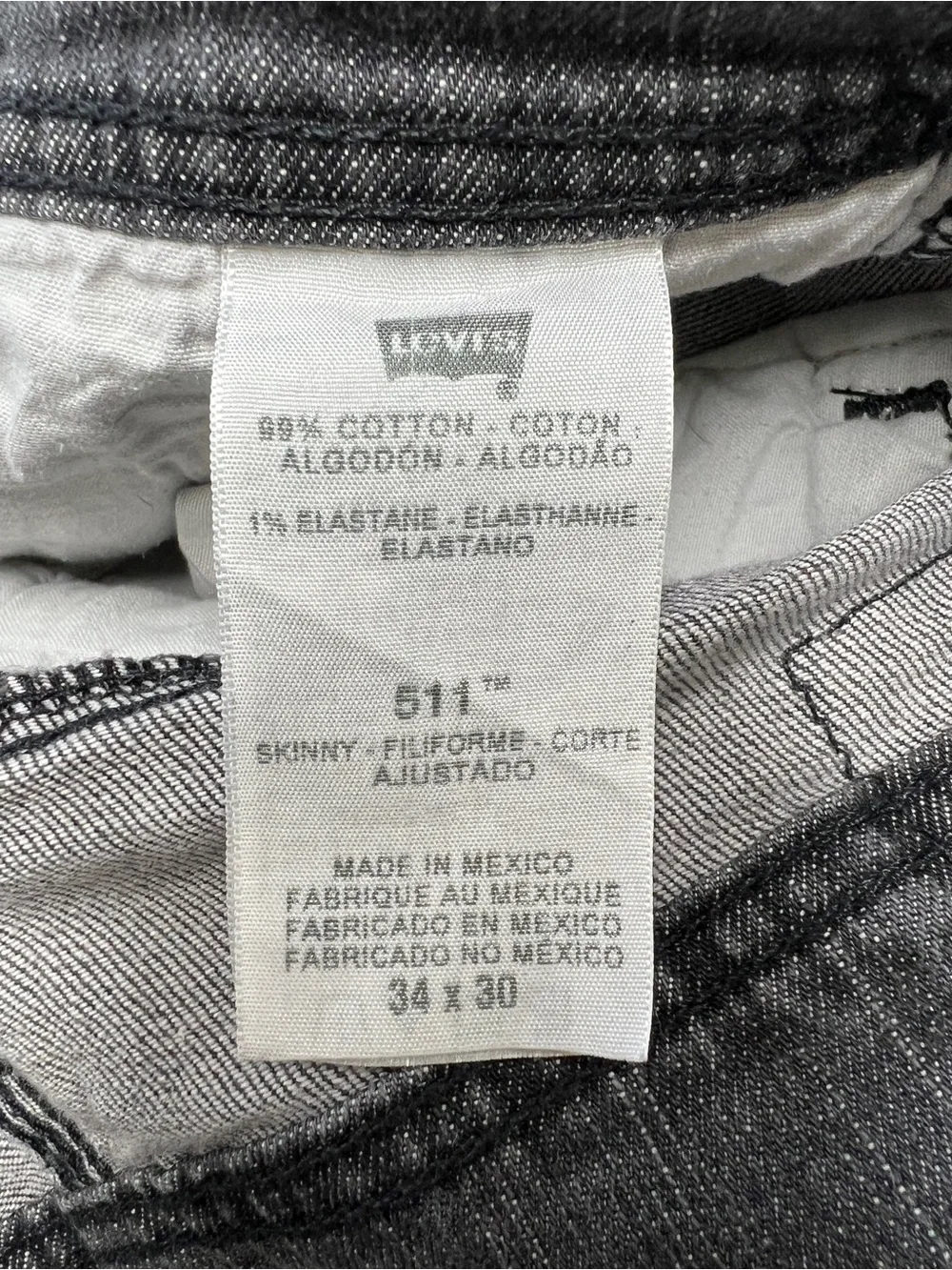 Levi’s 511 Slim Gray Distressed Jeans Zipper Back Pockets 34x30